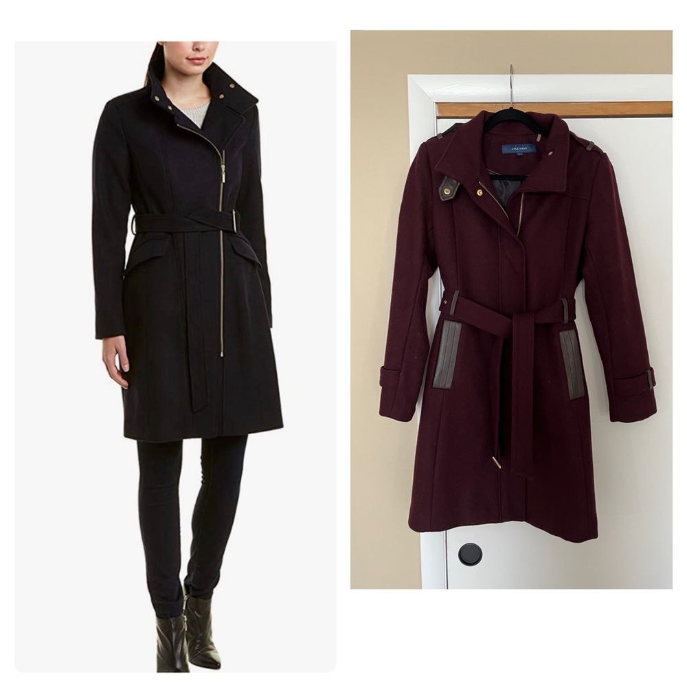 Cole Haan Stand Collar Leather Trim Wool Blend Coat
